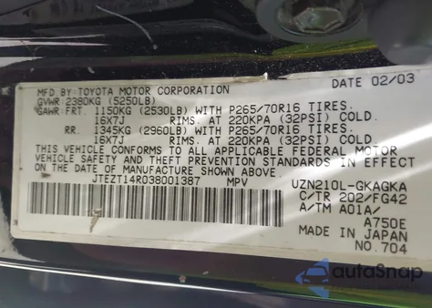 2003 Toyota 4Runner Sr5 V8 из США, поврежденный, VIN JTEZT14R038001387